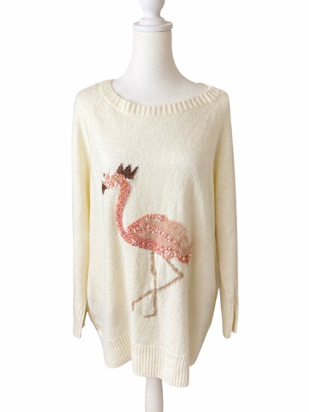 LC Lauren Conrad Cream Sweater with Pink Sequin Flamingo